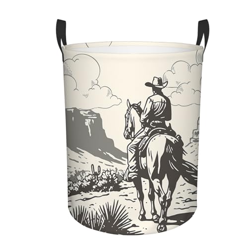 Western Cowboy Laundry Basket, 43L Round Oxford Laundry Hamper - color: Western Cowboy