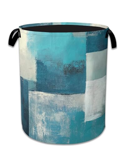 Turquoise Grey Abstract Art Painting Laundry Basket,Foldable Oxford Cloth Geometric Laundry Hamper with Handles, 20.8"x16" Tote Bag Clothes Storage Bucket for Laundry Room/Bathroom/Bedroom/Dormitories - color: Turquoise and Grey Abstract Art Painting