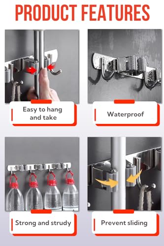 Mop and Broom Holder Wall Mount, Upgraded Broom Hanger Wall Mount, Stainless Steel Broom Organizer for Closet Garage Laundry Room Kitchen Wall Decor(3Racks 4Hooks Silver) - color: Silver, size: 1Pack 3Racks 4Hooks