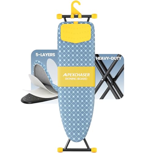 APEXCHASER Foldable 7-Level Heigh Adjustable Ironing Board with Iron Rest - color: Blue and Yellow