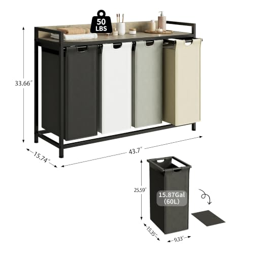 Herture Laundry Hampers with Shelf, Laundry Basket 4 Section, 4 x 15.87 Gal - color: Greige + 4-Color, size: 4 Bags-240 L