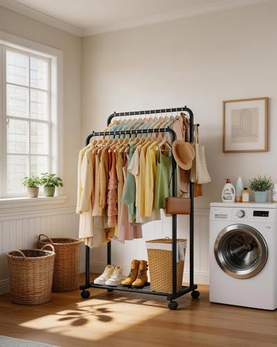 Sakugi Double Rod Clothes Rack Mesh Shelf & Hooks, 28.7x16.5x59.1, Black - color: Black, size: Large 28.7"W x 16.5"D x 59.1"H
