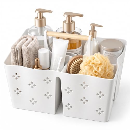 GVY Plastic Shower Caddy Portable, Large Capacity Shower Basket with Handle, Divided Bathroom Toiletry Organizer, Quick-Drain Shower Caddy for College Dorm Beach Kitchen Essentials, White. - color: White