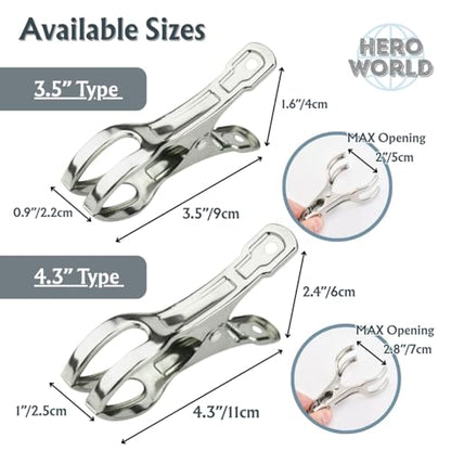 Stainless Steel Windproof Laundry Clips – Heavy-Duty Clothes Pins Rust-Resistant Twin-Prong Towel & Bath Towel Clips (12, 4.3") - size: 4.3"