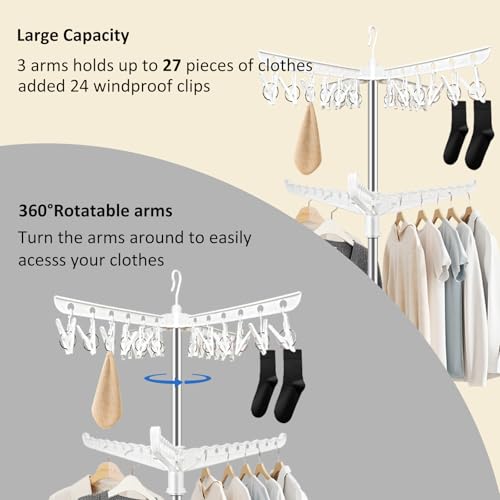 SUYU Clothes Drying Rack,Folding Clothes Drying Tree, 2 Layer with 24 Clips and 3 Rotatable Arms,66.9-Inch Indoor Clothes Rack,Stainless Steel,4 Legs,White and Silver SNJ102 - style: 2-Tier-Clip