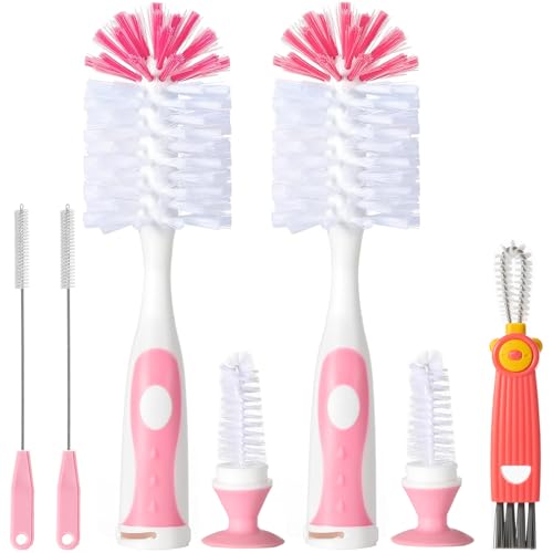 Baby Bottle Brush Set with Suction Base, Hidden Cleaner & Straw Brush, Pink - color: Pink