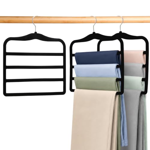 2-Pack Velvet Pants Hangers - Space Saving Multi-Layer Non-Slip Closet Organizers for Jeans, Trousers & Scarves - Ideal Dorm Room Storage Solution for Small Spaces - color: Black, size: 2 Pack