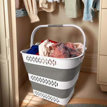 SAMMART 38L(10 Gal) Collapsible Laundry Basket - Foldable Pop-Up Storage Container/Organizer-Portable Space Saving Hamper, Measure 17.5x13.3x15.7/3.8" Expanded/Collapsed (1, White/Grey) - color: White/Grey