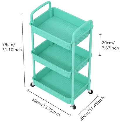 MOYIPIN 3-Tier Plastic Rolling Utility Cart with Handle,Turquoise - color: Turquoise, size: 3-Tiers without cups