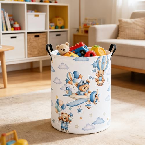 Foldable Waterproof Round Fabric Laundry Basket Home, Blue Pilot Bear - color: Round-Blue Pilot Bear
