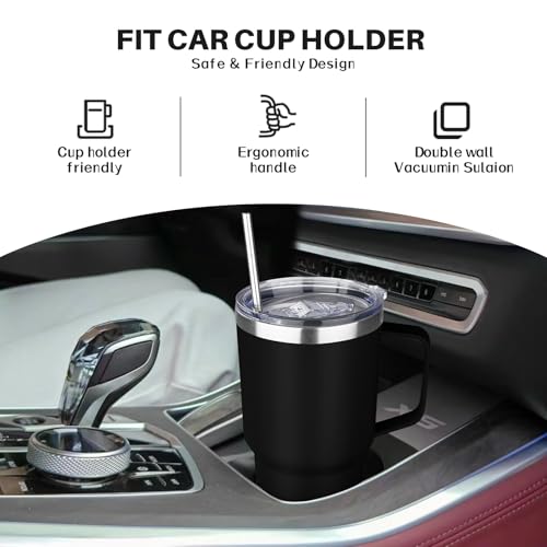 30 oz Stainless Steel Insulated Tumbler with Handle, Lid and Straw, Double Wall Vacuum Insulated Coffee Mug Tumbler, Insulated Coffee Thermal Cup for Cold and Hot (Black) - color: Black, size: 30 Ounces