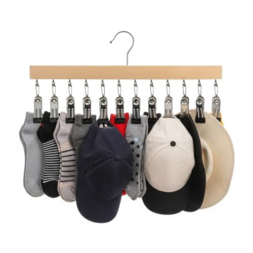 Hanging Closet Organizer with 12 Clips, Wooden Hangers