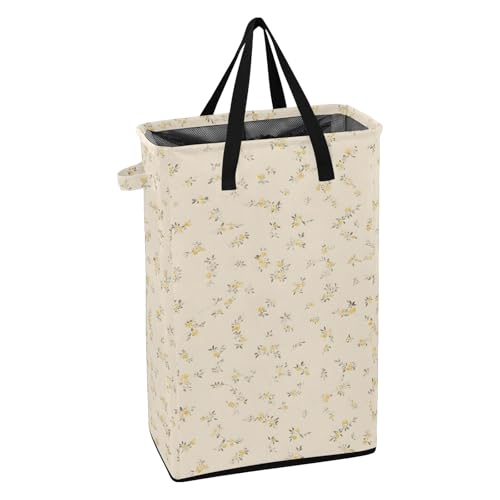 Yellow Small Floral Laundry Hamper Dirty Clothes Laundry Basket Bin for Bedroom Bathroom with Handles Slim Tall Collapsible Waterproof Freestanding 48L - color: Yellow Small Floral