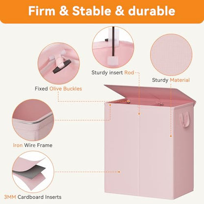 Chrislley Double Laundry Hamper with Lid, 140L Laundry Basket 2 Section - color: Pink, size: 140l(24.0"l X 14.2"w X 25.2"h)