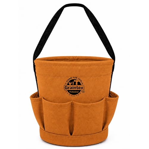 Graintex Tapered Canvas Bucket 12"x10"x15", Utility Tool Bucket 6 Pockets Outside, Reinforced Base & Carry Handle, Ripstop Canvas, Multi-Purpose Bag for Jobsite & Home Use - Tan - color: Tan