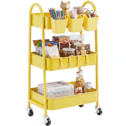 danpinera 3-Tier Rolling Cart, Utility Cart Mobile Metal Rolling Storage Cart with Lockable Wheels & Hanging Cups & Hooks for Kitchen, Bathroom, Office, Workshop, Yellow - color: Yellow, size: 3 tier