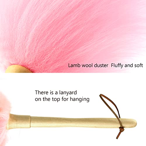 Lambswool Duster 16'' Length Solid Wooden Handle Leather Hang Strap for Cleaning Ceiling Fans Window Blinds Computer Furniture Figurines TV Natural Feather Duster,Pink - color: Pink, size: 16 Inch