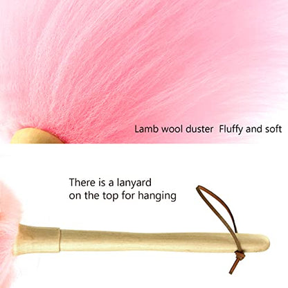 Lambswool Duster 14'' Length Solid Wooden Handle Leather Hang Strap for Cleaning Ceiling Fans Window Blinds Computer Furniture Figurines TV Natural Feather Duster,Pink - color: Pink, size: 14 Inch