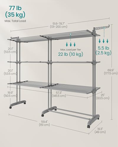 SONGMICS 4-Tier Clothes Drying Rack, Foldable, Rolling, 69.9-Inch Tall - color: Dove Gray, style: 4-Tier + Extendable Rods