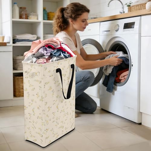Yellow Small Floral Laundry Hamper Dirty Clothes Laundry Basket Bin for Bedroom Bathroom with Handles Slim Tall Collapsible Waterproof Freestanding 48L - color: Yellow Small Floral