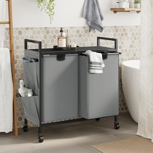 WOWLIVE Double Laundry Hamper with Wheels, Rolling Laundry Basket Organizer - color: Gray, size: 110l (30.0 x 13 x 32 Inches)