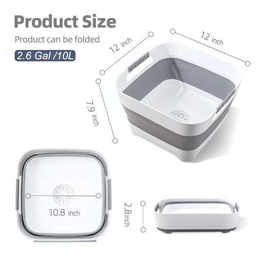 2.6 Gal/10L Collapsible Wash Basin with Drain Plug, Dish Tub - color: Gray