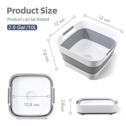 2.6 Gal/10L Collapsible Wash Basin with Drain Plug, Dish Tub - color: Gray