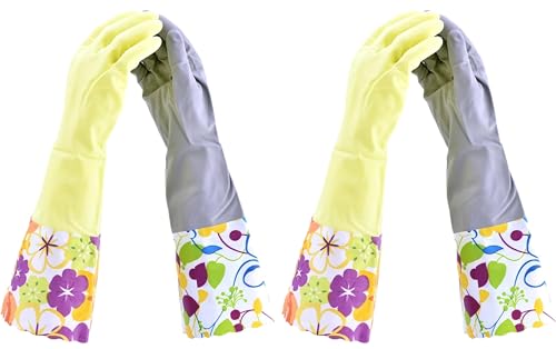 Household Gloves Latex-Free, 15" Long Cuff, Soft Lining, Adjustable Strap, Multi-Layer Protection, Flexible, Comfortable, Chemical-Resistant, Reusable for Cleaning, Dishwashing, 4 Pair Medium - color: Yellow/Grey, size: Medium (Pack of 4)