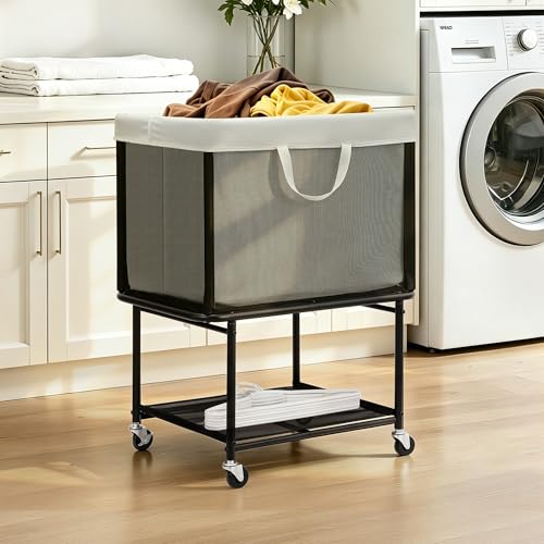 STO STO Rolling Laundry Hamper with Lockable Wheels, 29-Gallon (110L) Laundry Cart with Removable Canvas Bag, 2-Tier Clothes Basket Hamper with Shelf for Closet, Bedroom, Bathroom, Laundry Room, Gray - color: Gray