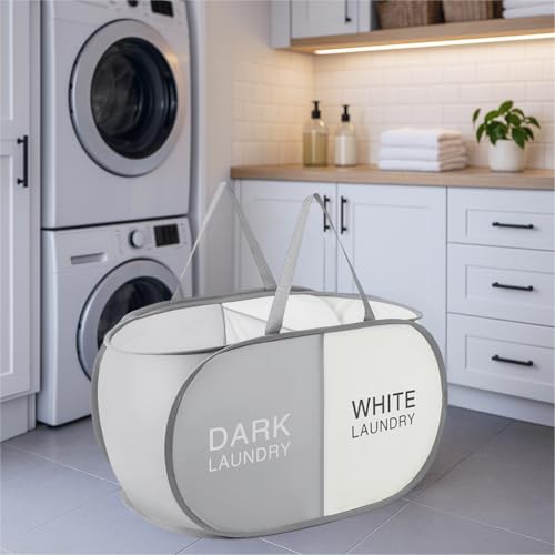 Laundry Hamper with Compartments, Foldable Dirty Clothes Basket, Dual Sorting Storage Organizer with Handles for Toys, Baby Clothes, Oxford Fabric, Grey & Beige