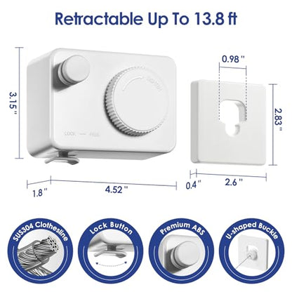 Retractable Clothesline Indoor, Non-Sagging Clothes Line Retracting Outdoors,13.8Ft Heavy Duty Clothes Drying Laundry Line, Wall Mounted Clothesline with 5pcs Hooks (RectangleWhite) - color: White-13.8ft
