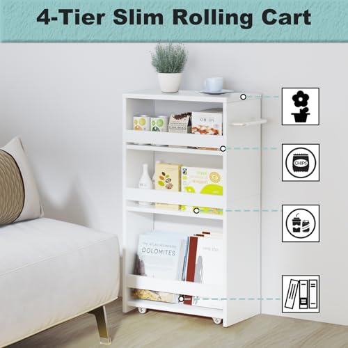 MARTY Slim Rolling Storage Cart, Wood Utility Kitchen Bathroom Laundry Cart - color: All White, size: 7.9"D x 15.75"W x 31.5"H