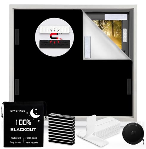 100% Blackout Curtain Window Cover for Bedroom 57x79Inch,No Drill Magnetic Blackout Blinds,DIY Cut Black Out Curtains for Nursery Bedroom,Media Room RV with Hook Loop Tape+Magnet Closure - color: Black, size: 57"W x 79"H