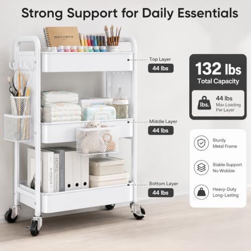 3 Tier White Rolling Storage Cart Metal with DIY Pegboard and Wheels - color: White