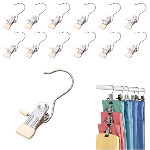 12PCS Clothes Pins, Hanging Clips, Hanger Clips, Hanger Hooks, Stainless Steel Portable Travel Hanging Hooks for Jeans, Hats, Boots, Towels (Beige) - color: Beige