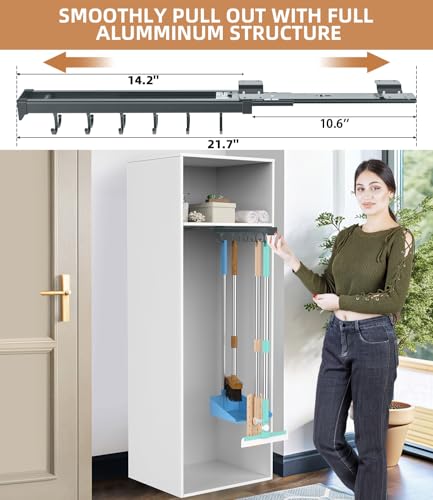 Pull Out Broom Holder With Adjustable Double Row Sliding Hook -Grey 14.17in - color: Dark grey, size: 36cm/14.17inch