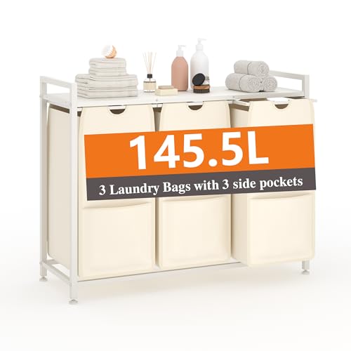 Garvee Laundry Basket Organizer, Laundry Hamper with Shelf & 3 Pull-Out Removable Oxford Fabric Bags, 3 x 12.8 Gal (48.5L), Dirty Clothes Basket Organizer for Laundryroom, Bathroom, Bedroom