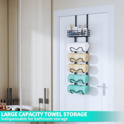 HapiRm Over The Door Towel Rack - 6 Tier Wall Mount Rolled Towel Holder Storage Organizer Shelf with Storage Basket for Small Bathroom, Rv, Camper - Black - size: 6-Tier Wall Mounted