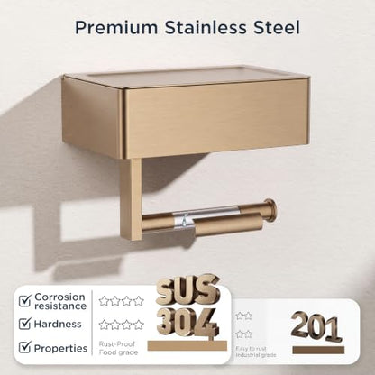 FORIOUS Toilet Paper Holder with Shelf, Wall-Mounted Modern Wipes Dispenser - color: Champagne Bronze, size: Big 1 Pack-8" (L)
