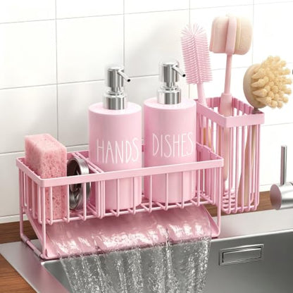 MASADI Pink &Silver Kitchen Dish Soap Dispenser Set with Sponge Holder, 12OZ Glass Bottle, Hand and Dish Soap Dispenser Set, Non-Slip Silicone Pad, Brush Holder, Kitchen Sink Organizer Countertop - color: All Pink