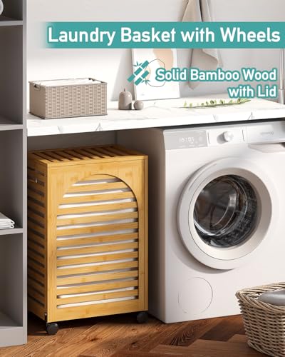 Laundry Hamper with Wheels, Laundry Basket with Lid, 22.5Gallon (85L) Bamboo Wood Clothes Laundry Hamper 2 Section with Handles, Removable Liner - color: Natural, size: Medium