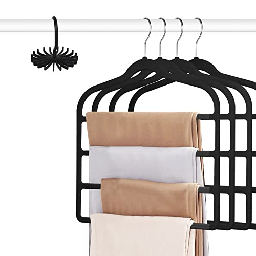 Tinfol Velvet Pants Hanger Space Saving, 4pc Black Non-Silp Velvet Hangers with Hook, Multi Tier Ultra Thin Trousers Hangers, Closet Clothes Hanger Organizer Storage for Trousers, Scarves, Jeans - color: Black