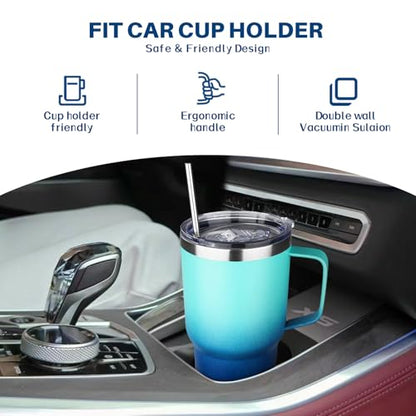 30 oz Stainless Steel Tumbler with Handle, Double Wall Vacuum Insulated Coffee Mug with Lid and Straw, Thermal Cup for Cold and Hot (Light Dark Blue) - color: Light Dark Blue, size: 30 Ounces