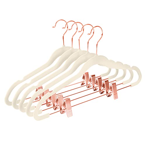 MIZGI Premium Velvet Pants Hangers with Clips (Pack of 20) - Slim Skirt Hangers - Non Slip Felt - Ivory - Copper/Rose Gold Hooks - Space Saving Shirt Clothes Hangers - color: Ivory/Rosegold, size: 20-Pack