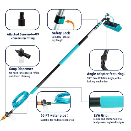 HoldwellS Solar Panel Cleaning Kit, 12FT Water Fed Pole with Extendable Handle, 180° Rotatable Brush Head & 65.6FT Hose, Household & Outdoor Window Cleaner Tool for Caravan Solar Panel Deck