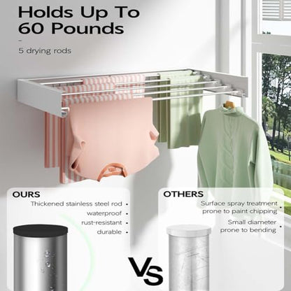 Wall Mounted Clothes Drying Rack 31.5 Inches,Clothes Drying Rack Wall Mounted,Collapsible Hanging Racks for Laundry,Foldbale Laundry Drying Rack Wall Mount with Wall Template, 5 Rods, White - size: 31.5"