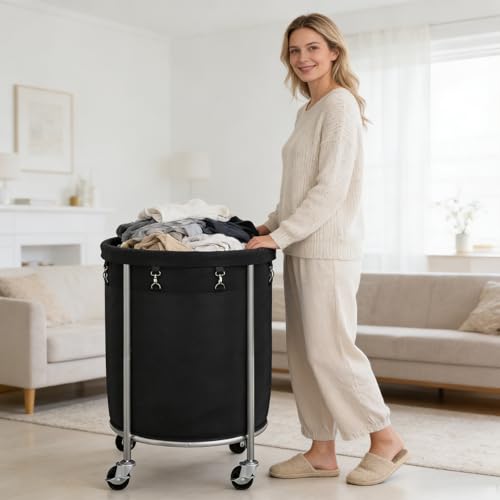 ELYKEN Laundry Basket with Wheels, Round Rolling Laundry Hamper, Black - color: Black, size: 190L