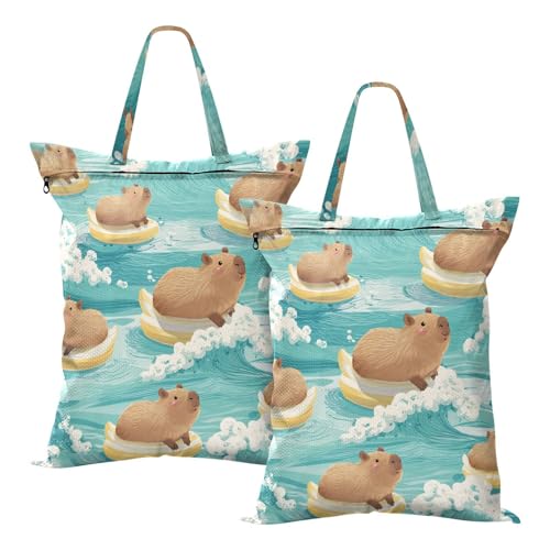 Travel Laundry Bags 2 PC Wet Dry Bag with Handle Dirty Clothes Organizer for Swimsuits Beach Camping Waterproof Washable Blue Capybaras on Duck Floats - color: Blue Capybaras on Duck Floats