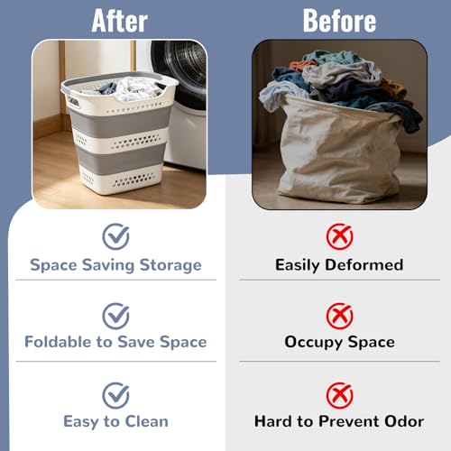 2 Pcs Collapsible Laundry Baskets, 43L Plastic Laundry Hamper for Dirty Clothes Dorm Bedroom, Space Saving Pop-Up Laundry Hamper Container, Foldable Durable Laundry Basket with Handle