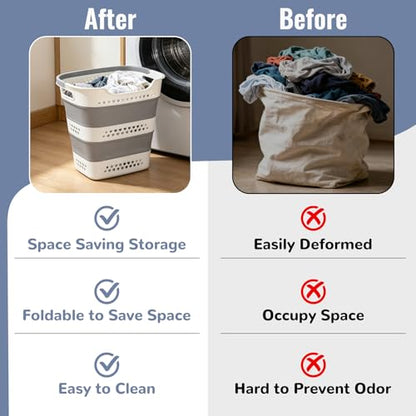 2 Pcs Collapsible Laundry Baskets, 43L Plastic Laundry Hamper for Dirty Clothes Dorm Bedroom, Space Saving Pop-Up Laundry Hamper Container, Foldable Durable Laundry Basket with Handle